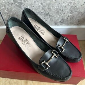 Salvatore Ferragamo Black Leather Loafers with Silver Buckles